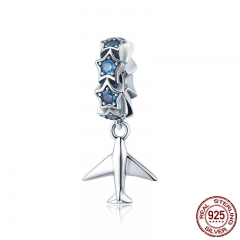 100% 925 Sterling Silver Fashion Travel Plane Stackable Dazzling Blue CZ Charms fit Charm Bracelet DIY Jewelry SCC882 CHARM-0946