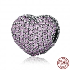 925 Sterling Silver Pave Open My Heart, Pink Clear Cubic Zirconia CZ Clip Charms Fit Bracelet DIY Jewelry Making PSC065 CHARM-0237