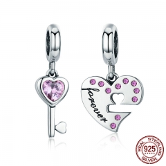 Romantic 925 Sterling Silver Lock Key of Heart Pink CZ Charm Pendant fit Charm Bracelet Jewelry Girlfriend Gift SCC638 CHARM-0682