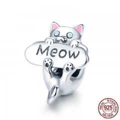 Genuine 925 Sterling Silver Naughty Cat Beads Meow Cat Animal Charm fit Charm Bracelet DIY Jewelry Making Gift SCC874 CHARM-0942