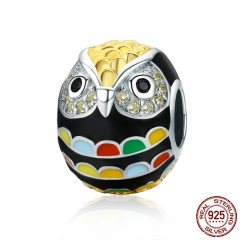 Genuine 925 Sterling Silver &amp; Gold Enamel Animal Owl Charm Beads fit Women Charm Bracelet &amp; Bangles Jewelry Gift SCC468 CHARM-0450