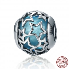 Popular 925 Sterling Silver Shimmering Star Openwork Blue Crystal Beads fit Women Bracelets &amp; Bangles Jewelry SCC411 CHARM-0372