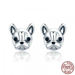 100% 925 Sterling Silver Loyal Partners French Bulldog Dog Animal Small Stud Earrings for Women Oorbellen Jewelry SCE283 EARR-0294