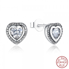 925 Sterling Silver Love Heart Shape Stud Earrings for Women Clear Cubic Zirconia Fashion Anniversary Jewelry PAS405 EARR-0012