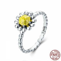 925 Sterling Silver Female Yellow Daisy Flower Clear CZ Finger Ring for Women Anniversary Wedding Jewelry Anel SCR238 RING-0276