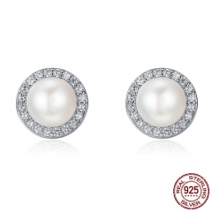 925 Sterling Silver Classic Round Sparkling CZ Fresh Water Pearl Stud Earrings for Women Sterling Silver Jewelry SCE122 EARR-0193