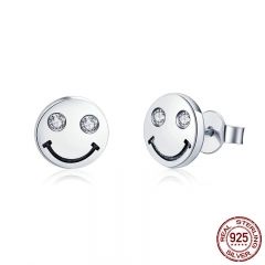 Genuine 925 Sterling Silver Smile Face Small Stud Earrings for Women Clear CZ Fine Sterling Silver Jewelry 2018 SCE423 EARR-0437