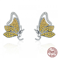 100% 925 Sterling Silver Dancing Butterfly Yellow CZ Exquisite Stud Earrings for Women Sterling Silver Jewelry SCE369 EARR-0371