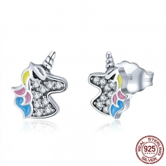 100% 925 Sterling Silver Fashion Licorne Memory Clear CZ Stud Earrings For Women Sterling Silver Jewelry Gift SCE426 EARR-0443