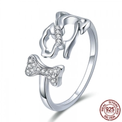 925 Sterling Silver Dog's Company Animal Dog & Bone Finger Rings for Women Adjustable Size Sterling Silver Jewelry SCR416 RING-0461