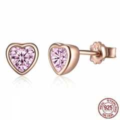 100% 925 Sterling Silver 3 Colors Heart Dazzling Pink CZ Stud Earrings for Women Sterling Silver Jewelry Gift PAS452-J EARR-0429
