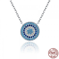 Popular 925 Sterling Silver Round Blue Crystal Lucky Blue Eyes Women Pendant Necklaces Authentic Silver Jewelry SCN099 NECK-0069