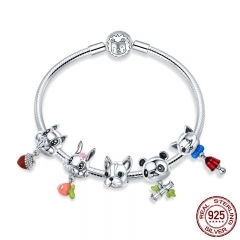 100% 925 Sterling Silver Animal Zoo French Bulldog Rabbit Panda Bracelets & Bangles for Women Silver Jewelry SCB808 BRACE-0109