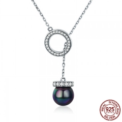 100% 925 Sterling Silver Circle Black Imitation Pearl Elegant Long Chain Women Pendant Necklace Silver Jewelry SCN200 NECK-0139