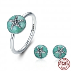 Authentic 925 Sterling Silver Dazzling Starfish Finger Ring & Earrings Jewelry Sets Luxury Sterling Silver Jewelry Gift SET-0027