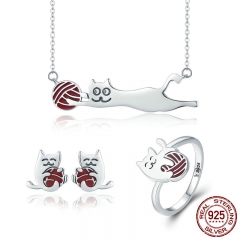 100% 925 Sterling Silver Set Naughty Little Cat Necklace Earrings Ring Jewelry Sets Sterling Silver Jewelry Gift ZHS046 SET-0029