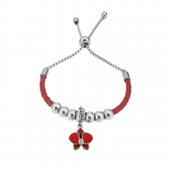 Stainless Steel Women Adjustable Red Leather Charm Bracelet SL033