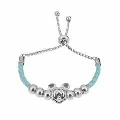 Stainless Steel Women Adjustable Blue Leather Charm Bracelet SL106