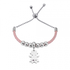 Stainless Steel Women Adjustable PinkLeather Charm Bracelet SL069