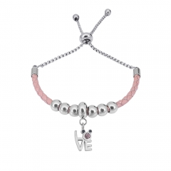 Stainless Steel Women Adjustable PinkLeather Charm Bracelet SL063