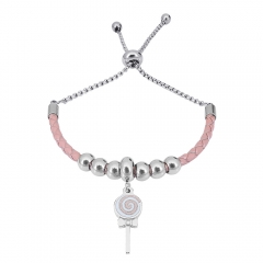 Stainless Steel Women Adjustable PinkLeather Charm Bracelet SL073