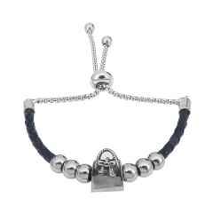 Stainless Steel Women Adjustable Black Leather Charm Bracelet SL025